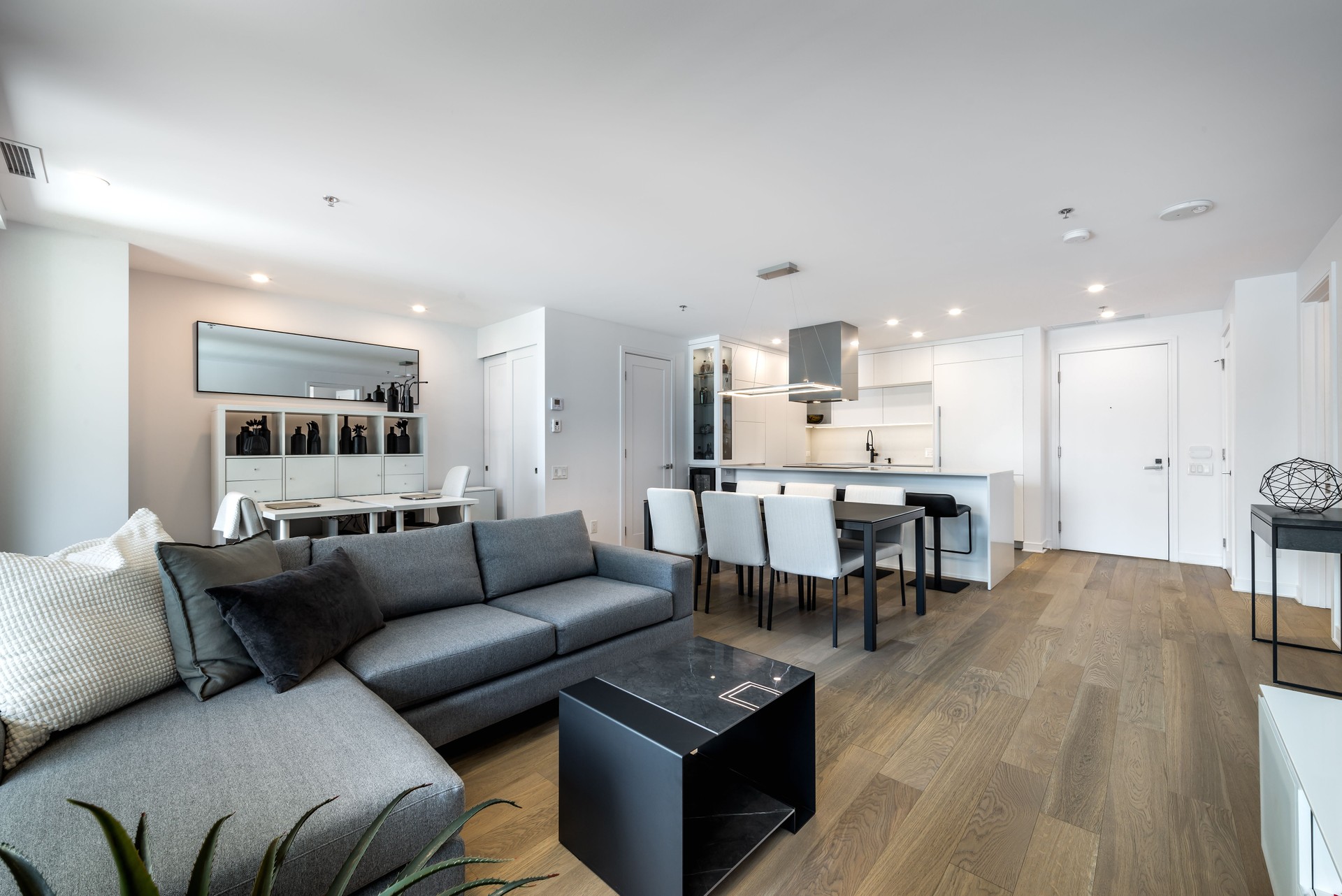 Modern luxury apartment in Montreal Griffintown well staged and furnished with gym, rooftop, terrace, swimming pool, garden, amenities and city views